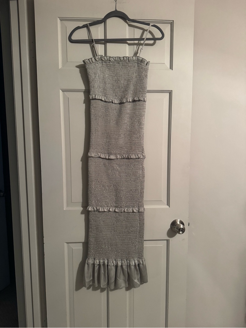 Smocked silver Ruffle-Tier Maxi Dress